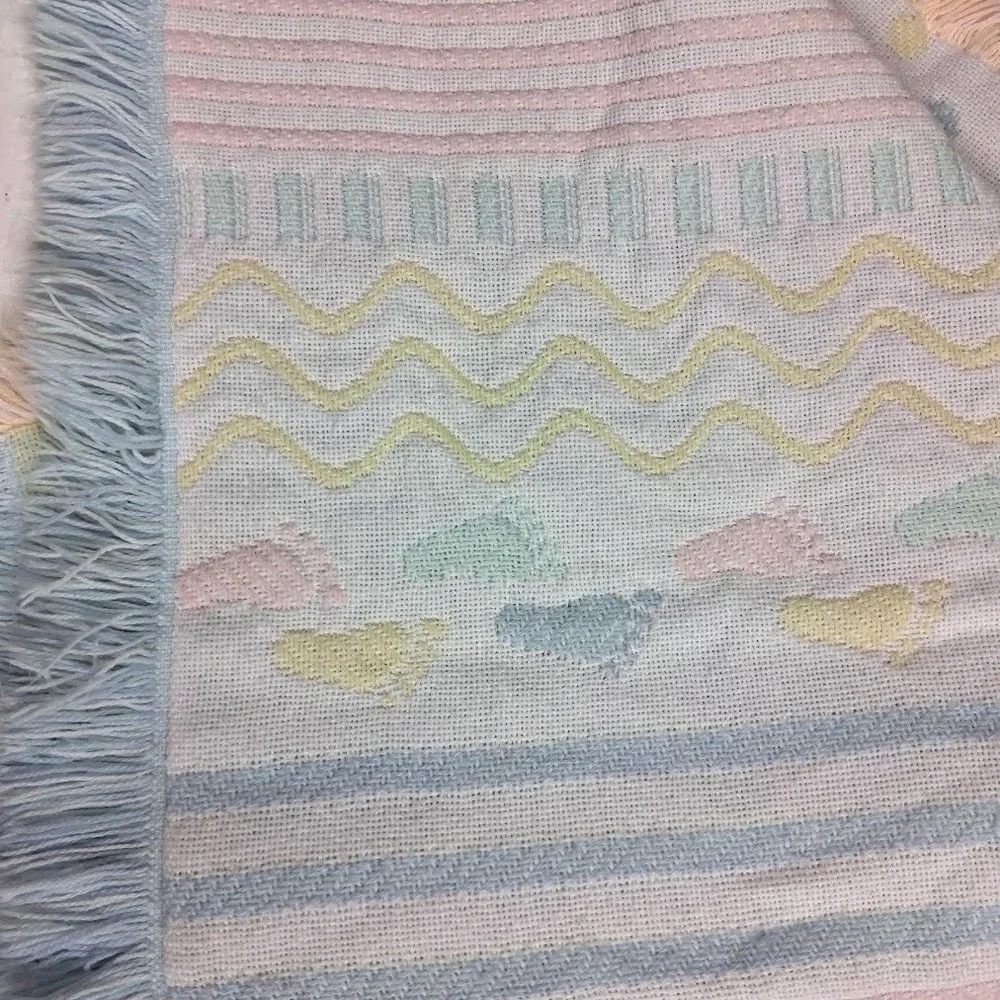 Vintage Pastel Woven Baby Throw Blanket Fringe Dots Foot Prints Feet Unisex